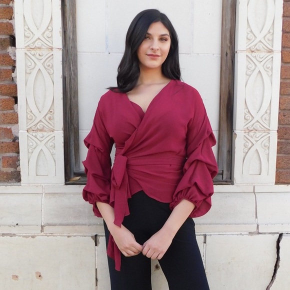 Burgundy Long Sleeve Wrap Top size Medium - Picture 2 of 5